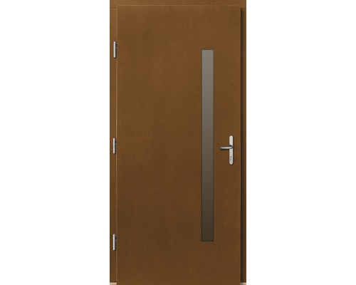 Braune Haustür mit Glaseinsatz und silbernem Griff