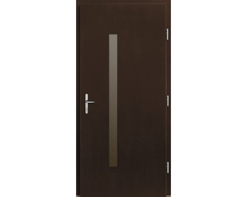 Braune Haustür mit Glaseinsatz und Edelstahlgriff