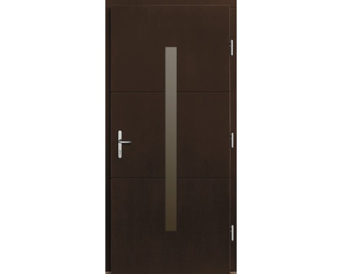 Porte d''entrée marron avec insert en verre et poignée en acier inoxydable