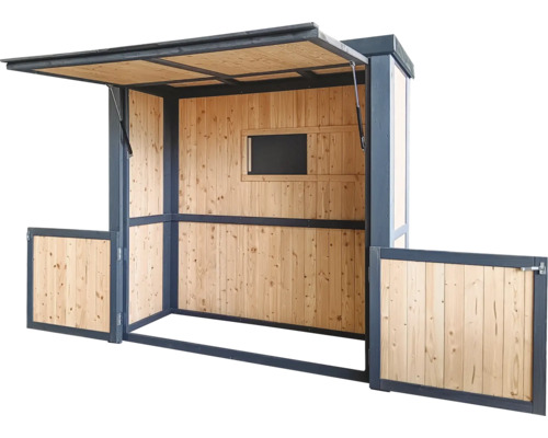 Stand de vente en bois avec fenêtre et toit rabattable