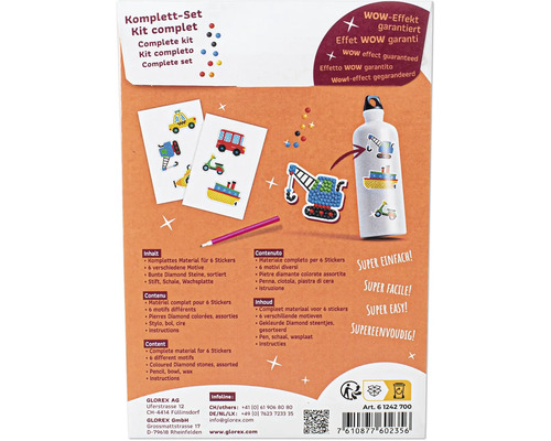 Glorex Diamant-Sticker Set mit komplettem Material für sechs Sticker und verschiedenen Motiven