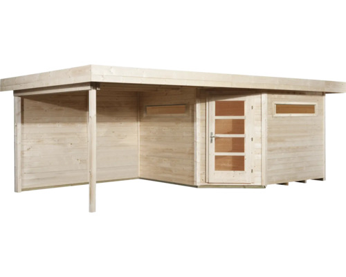 Abri de jardin en bois avec auvent, porte et fenêtres