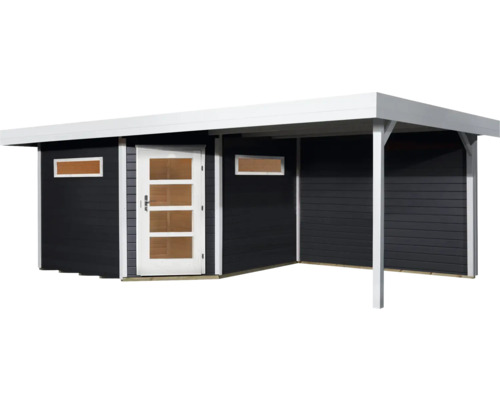 Abri de jardin avec auvent, mur en bois et porte