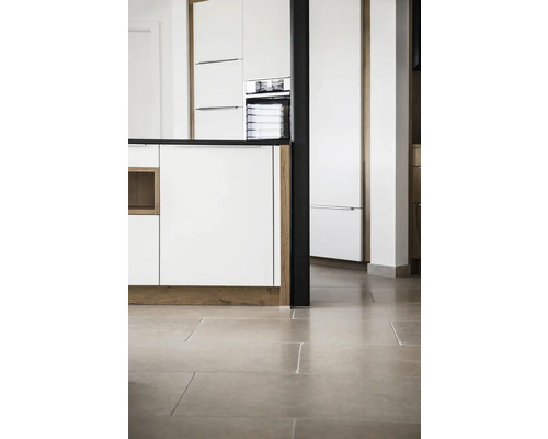 Kücheninneneinrichtung mit weißen Schränken, dunkler Arbeitsplatte und Steinboden