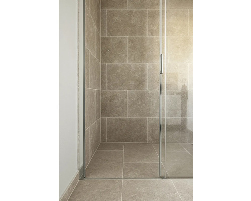 Ebenerdige Dusche mit Glasabtrennung und grossformatigen Fliesen