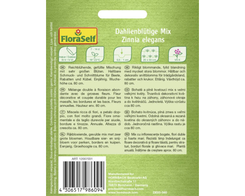 Dahlienblütige Mix Zinnia elegans Sämerei Verpackung