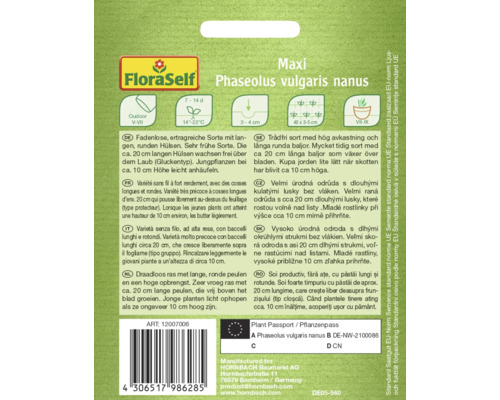 Sachet de graines de Phaseolus vulgaris nanus, variété précoce à longues cosses rondes pour culture en extérieur.