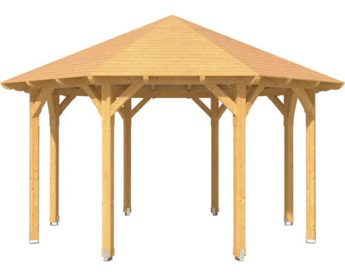 Holzpavillon mit sechseckigem Dach und Holzstützen