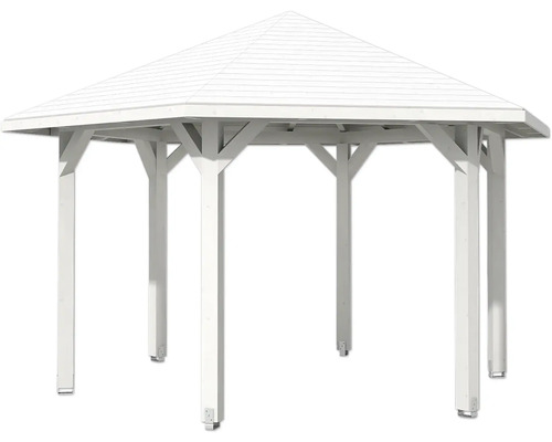 Pavillon blanc avec structure en bois et toit