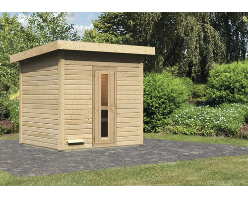 Chalet sauna Karibu Talos 3 sans poêle sans zone d'entrée avec porte en bois et verre isolant Sauna en bois avec porte en verre dans le jardin