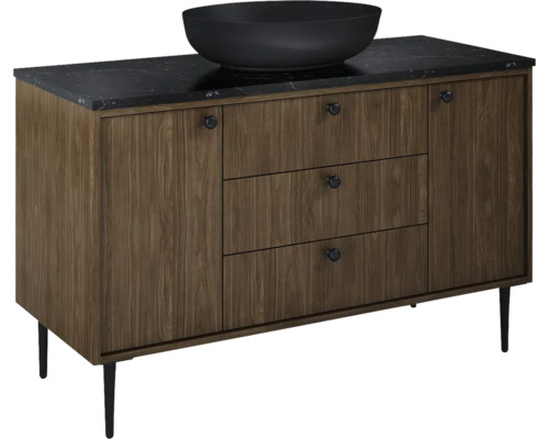Jungborn PRIMUS Waschbeckenunterschrank BxHxT 120x72x45.6 cm lincoln walnuss Waschtischunterschrank mit Aufsatzwaschbecken, Holzoptik und schwarzer Platte