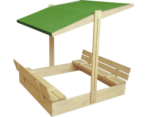 Bac à sable avec toit vert et bancs en bois