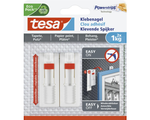 Clou adhésif tesa pour papier peint et crépi ajustable blanc charge 1 kg 2 unités Clou adhésif Tesa pour fixer des objets jusqu''à 1 kilogramme sur du papier peint et du plâtre