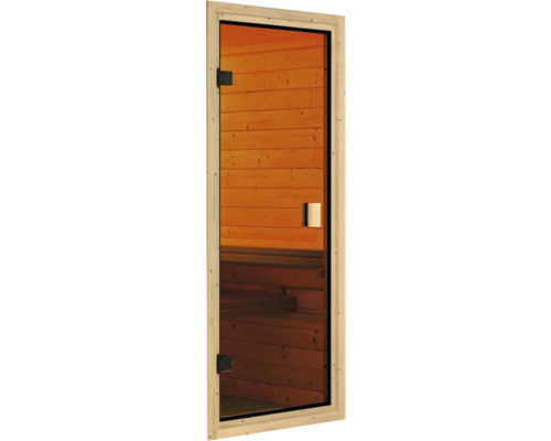 Module de porte Karibu pour saunas de 68 mm avec porte vitrée en verre teinté Porte de sauna avec cadre en bois et insert en verre