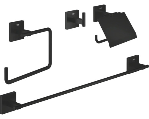 Kit de salle de bains Grohe Quickfix Start Cube 4 en 1 noir mat 411152430 Grohe Essentials Cube Set d''accessoires de salle de bain avec anneau porte-serviettes, crochet, porte-papier toilette et barre porte-serviettes