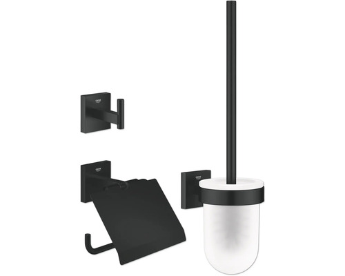 Kit de salle de bains Grohe Quickfix Start Cube 3 en 1 noir mat 411232430 Ensemble d''accessoires de salle de bains avec brosse de toilette, porte-papier et crochet pour serviette
