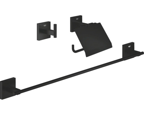 Kit de salle de bains Grohe Quickfix Start Cube 3 en 1 noir mat 411242430 Ensemble d''accessoires de salle de bains noir avec porte-serviettes, porte-papier toilette et patère