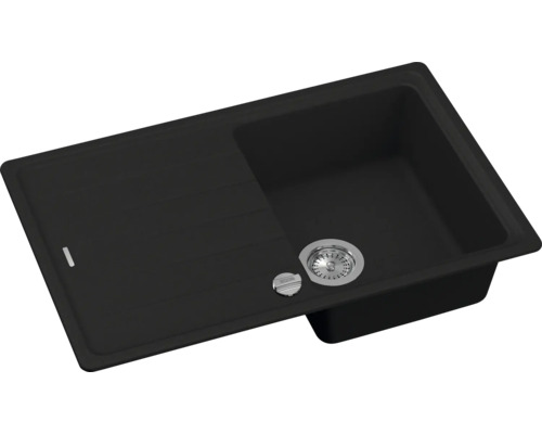 Schwarzes Spülbecken mit Abtropffläche und Abfluss