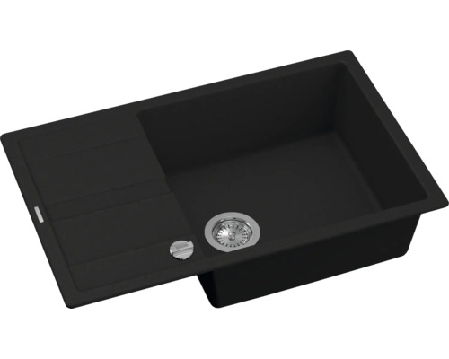 Schwarzes Küchenspülbecken mit Abtropffläche und Siebkorbventil