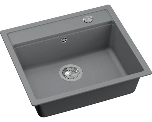 Graue Küchenspüle aus Verbundwerkstoff mit Ablaufgarnitur
