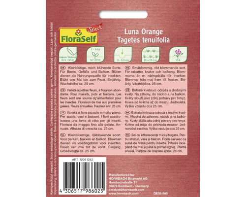 Luna Orange Tagetes tenuifolia seed packet information.