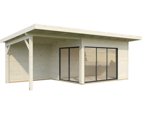 Abri de jardin en bois avec véranda couverte et portes coulissantes en verre