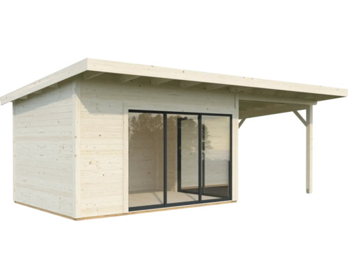 Maison de jardin en bois avec portes coulissantes et auvent