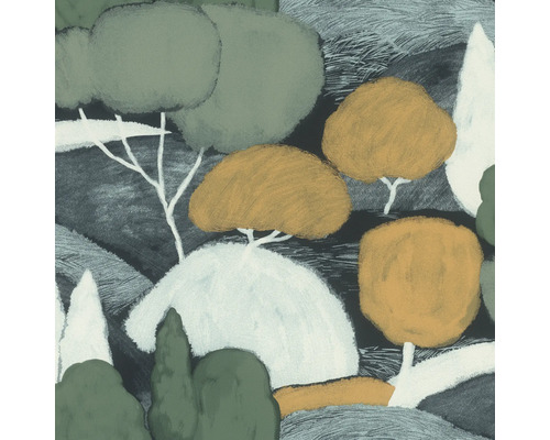 Vliestapete 580105 Allgretto Wald moosgrün Illustration von Bäumen und Hügeln
