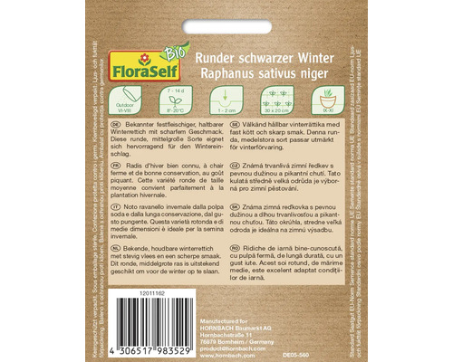 Sachet de graines de radis d''hiver ronds noirs de l''espèce Raphanus sativus niger de FloraSelf Bio
