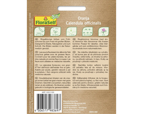 Logo FloraSelf. Emballage de soucis Calendula officinalis Oranja avec informations sur la culture et l''utilisation
