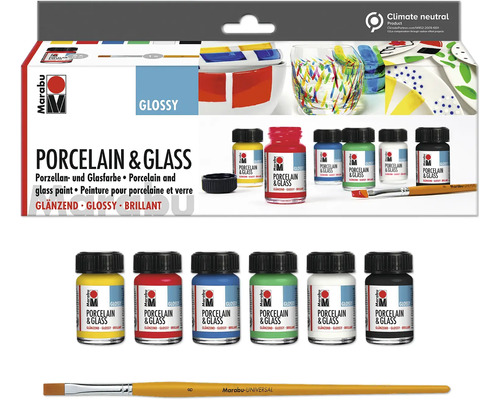 Marabu Porcelain & Glas Glossy Starter Set 6x 15 ml Marabu Porzellan- und Glasfarben Set mit Pinsel