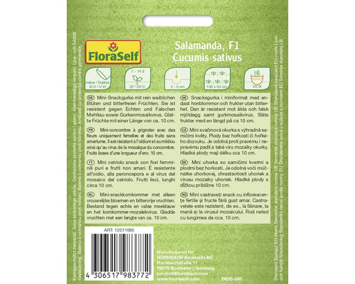 Sachet de graines de concombre Salamanda F1 de FloraSelf avec des informations sur la culture et les caractéristiques