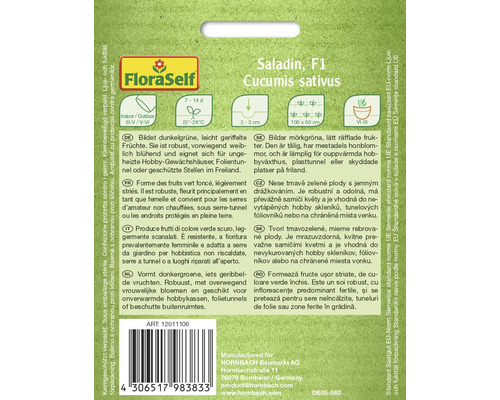 Logo FloraSelf, emballage de graines de concombre Saladin F1