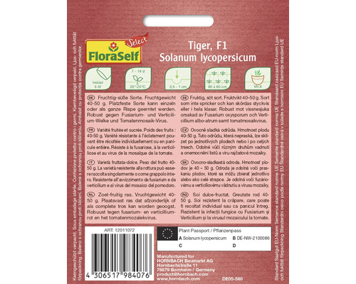 Sachet de graines de Solanum lycopersicum Tiger F1 avec informations sur la plante
