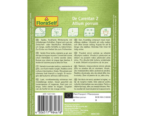 Sachet de graines De Carentan 2 Allium porrum de FloraSelf pour poireau d''hiver tardif, résistant au gel, avec des tiges de longueur moyenne