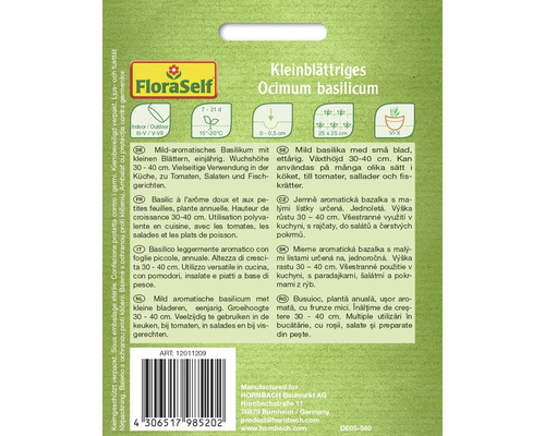 Verpackung mit Samen des kleinblättrigen Basilikums (Ocimum basilicum)