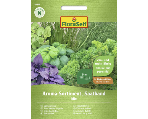 Herbes aromatiques assortiment d'arômes, ruban de semences de 5 m FloraSelf semences non-hybrides semences de fines herbes, mélange de persil, ciboulette, basilic, aneth, sarriette, marjolaine et mélisse citronnée Assortiment d''arômes, ruban de graines FloraSelf avec diverses herbes de jardin