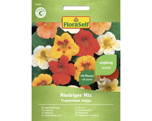 Kapuzinerkresse FloraSelf Samenfestes Saatgut Blumensamen Niedrige Mischung FloraSelf Samen Niedriger Mix Kapuzinerkresse, einjährig, circa 20 Pflanzen