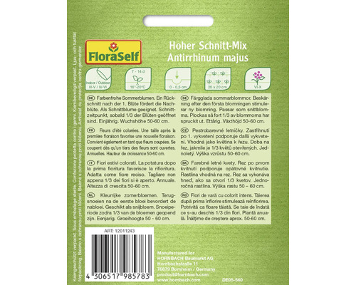 Verpackung Antirrhinum majus Hoher Schnitt-Mix mit Informationen zu Aussaat und Pflege