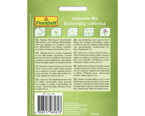 Goldmohn Mix Eschscholzia californica Saatgutpackung mit Informationen zu Aussaat, Standort und Wachstum