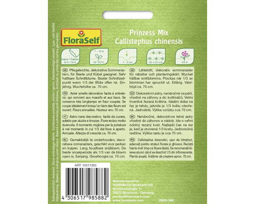 Sachet de graines Prinzess Mix Callistephus chinensis pour asters d''été