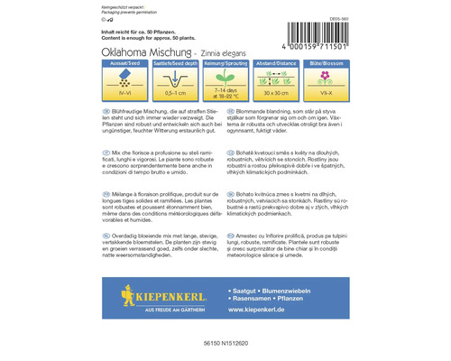 Sachet de graines Oklahoma Mélange Zinnia elegans avec des informations sur le semis, la profondeur de semis, la germination et l''espacement