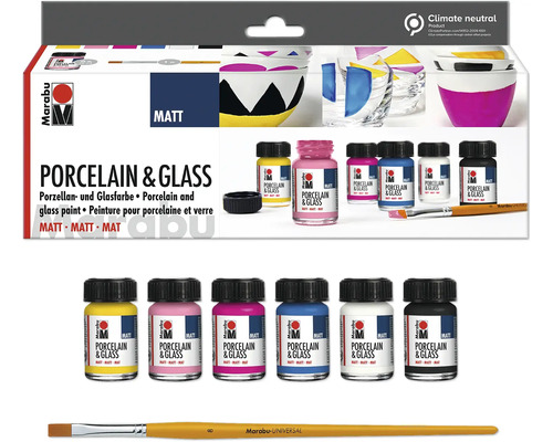 Marabu Porcelain & Glas Matt Starter Set 6x 15 ml Marabu Porzellan- und Glasfarbe Set mit Farben und Pinsel