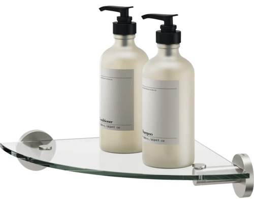 Eckregal mit zwei Shampoo- und Conditionerflaschen