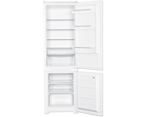 Geöffneter Kühl- und Gefrierschrank mit Glasablagen und Schubladen