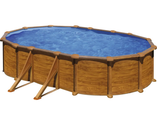 Aufstellpool Stahlwandpool-Set Gre oval 634x575x132 cm inkl. Sandfilteranlage, Skimmer, Leiter, Filtersand & Bodenschutzvlies Holzoptik