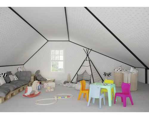Helles Kinderzimmer mit Spieltisch, Stühlen, Spielzeug und Tipi