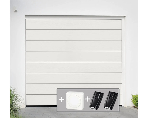Portail de garage sectionnel ARON Basic 40 mm nervure en L Slategrain RAL 9010 blanc pur 2500x2125 mm avec motorisation de porte de garage, 2 x émetteurs portatifs, bouton-poussoir intérieur IT1-1b