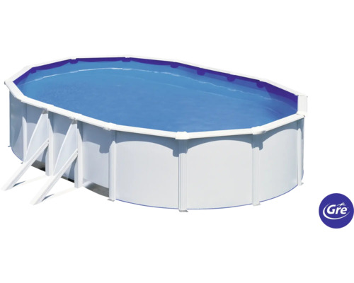 Ensemble de piscine hors sol à paroi en acier Gre Vision-Pool Classic ovale 610x375x120 cm avec groupe de filtration à sable, échelle, skimmer intégré, sable filtrant et flexible de raccordement blanc