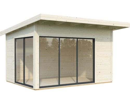 Abri de jardin en bois avec de grandes baies vitrées